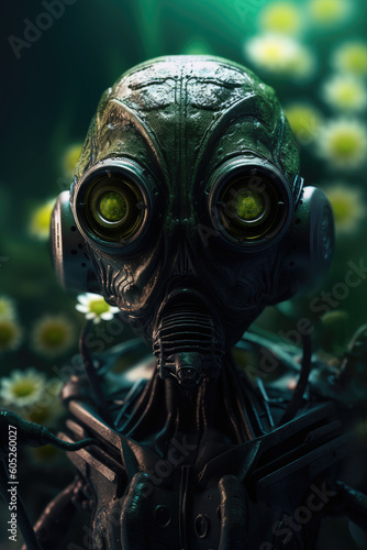 Portrait of alien humanoid with flowers. Generative AI