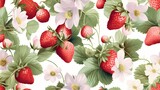 Seamless botanical pattern with flowers and berries of strawberry on white background. Generative AI