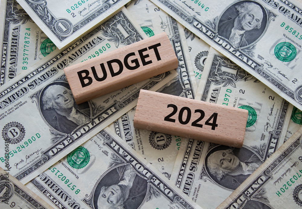 Budget 2024 symbol. Wooden blocks with words Budget 2024. Beautiful