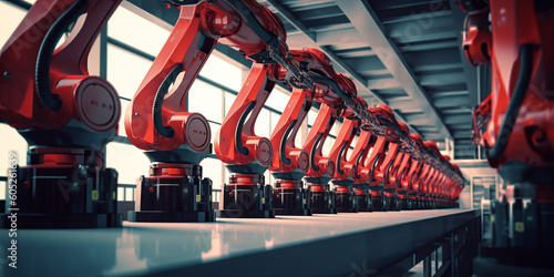 Robotic arm production line in a factory. Modern industry. Generative ai © ink drop