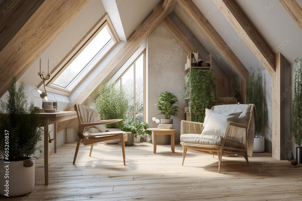 Fototapeta premium Modern cozy living room, eco interior design with beige colors and plants. Super photo realistic background, generative ai illustration