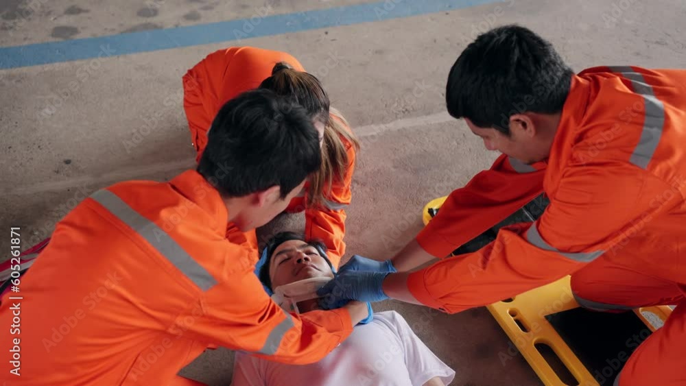 Group of Asian emergency medical technician (EMT) or paramedic team is