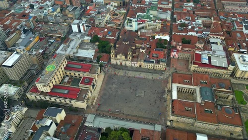 Center or Colombias Capital Bogota, Plaza de Bolivar, Palacio de Justicia Alfonso Reyes Echandia, Basilica Metropolitana. 4K aerial drone footage of la candelaria colonial old town photo