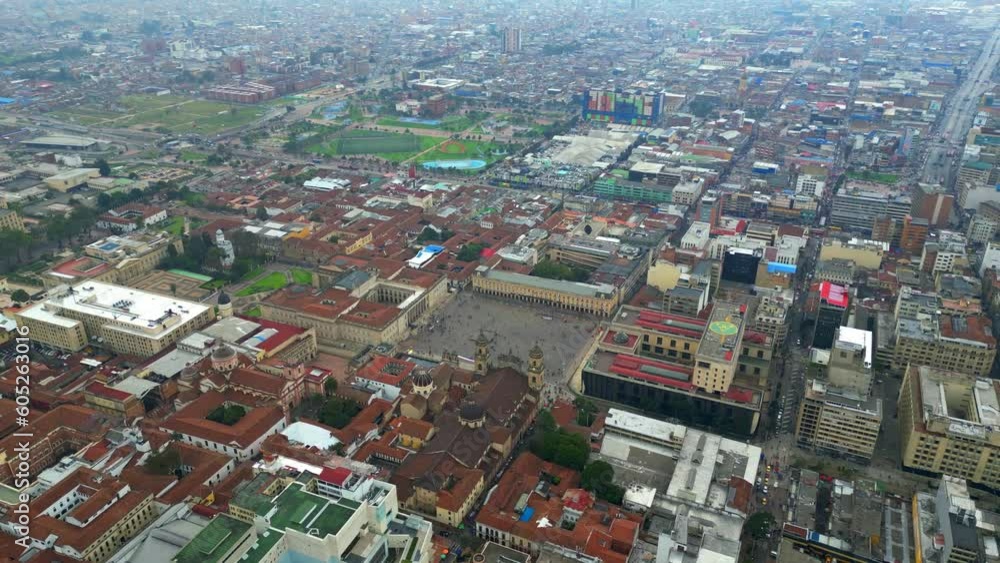 Center or Colombias Capital Bogota, Plaza de Bolivar, Palacio de Justicia Alfonso Reyes Echandia, Basilica Metropolitana. 4K drone stock footage of la candelaria colonial old town Center or Colombias Capital Bogota, Plaza de Bolivar, Palacio de Justicia Alfonso Reyes Echandia, Basilica Metropolitana. 4K drone stock footage of la candelaria colonial old town