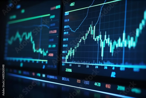 Abstract financial trading graphs on monitor, Background with currency