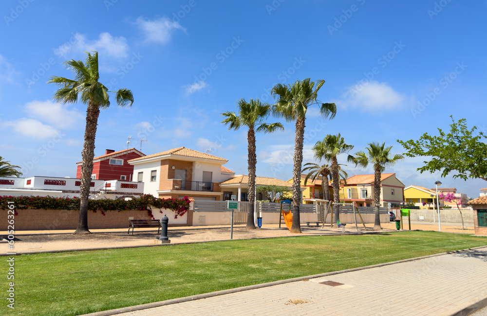 House on coastline. Real Estate Penthouse apartments. Residential building on Beachfront. Suburb house at sea. Villa at Spain seaside. Coast Home in residential area at shore. Waterfront vacation home