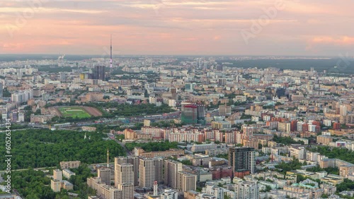 Wallpaper Mural Aerial top view of Moscow city timelapse during sunset. Form from the observation platform of the business center of Moscow City. Ostankino tv tower and traffic on roads. Torontodigital.ca