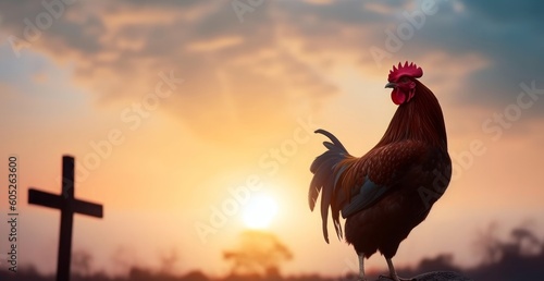Fotografia, Obraz Peter denies Jesus concept: rooster on blurred beautiful sunrise sky with cross