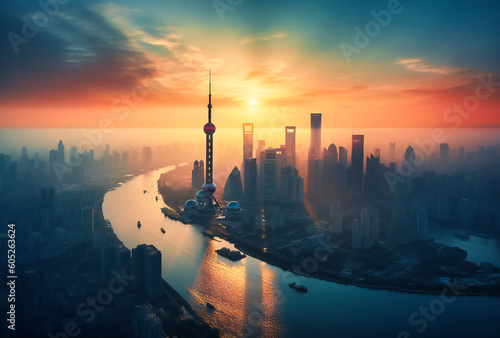 sunrise over the shanghai city skyline