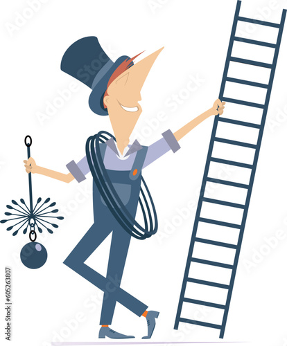 Cartoon chimney sweeper illustration. 
Funny chimney sweeper in the top hat holding a ladder and chimney brushe. Isolated on white background
