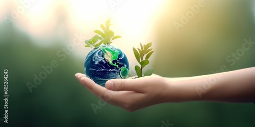 Earth Day concept: hand holding plant and earth on blur green nature background, Generative AI