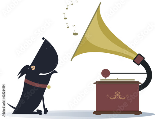 Retro record player. Howling or singing dog. 
Dog listening a retro record player and singing or howling. Isolated on white background
