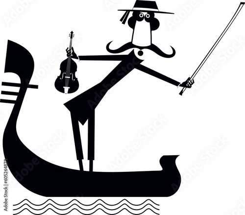 Man with violin riding gondola. 
Funny gondolier with long mustaches rides on gondola and playing violin. Black and white
