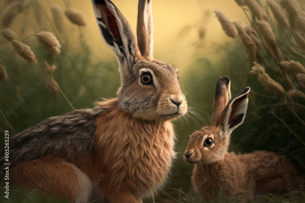 Obraz premium Hare with cub in natural habitat. Generative AI