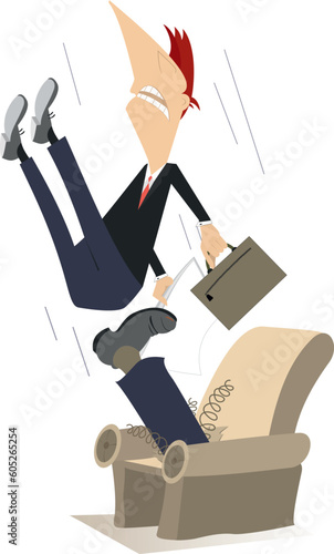 Out of job. Business concept illustration. 
Cartoon young man has been pushed out from the armchair given a kick to the buttocks by leg
