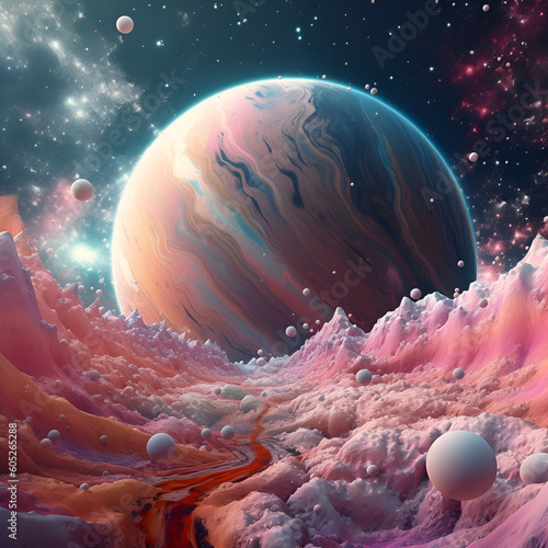 Hyper real universe with planets and stars in pink color. Colorful background. Generative AI