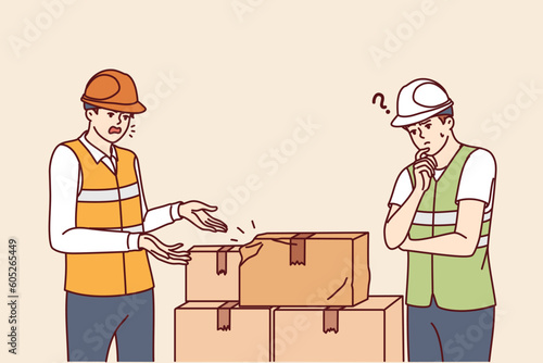 Warehouse workers near cardboard boxes damaged in transit due to improper transportation. Manager scolds subordinate for damaging goods in boxes and dropping parcel while unloading car
