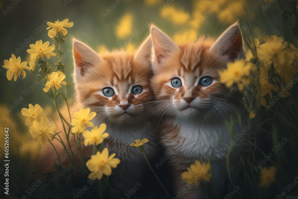 Two Baby cat in spring green grass with flowers. Generative AI