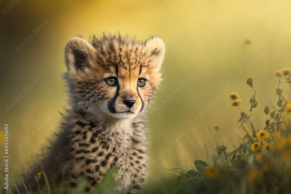 Obraz premium Baby cheetah in spring green grass with flowers. Generative AI