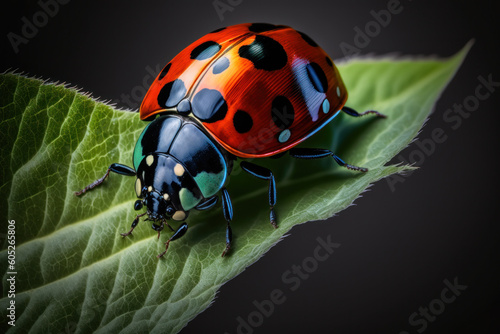 Ladybird on a leaf, macro closeup. Generative AI
