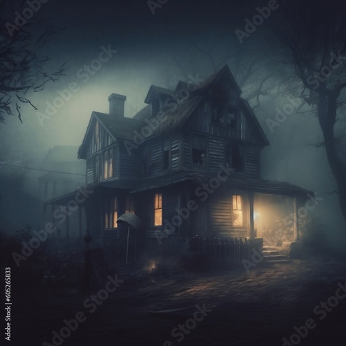 Foggy Halloween Night: Old Creepy Haunted House. Generative AI