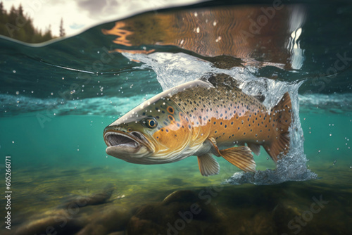 Fish jumping out of water in pond with splashes against blurred nature, Generative AI