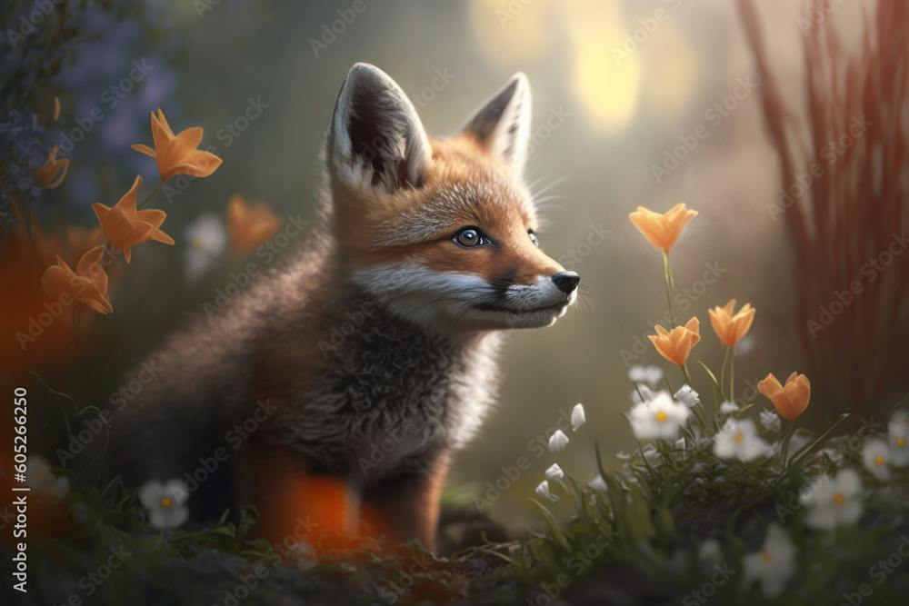 Fototapeta premium Red fox cubs in meadows with flowers,, Generative AI