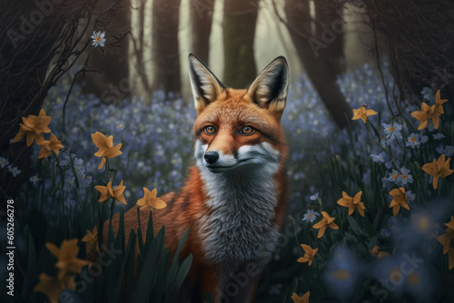 Close wild Red fox in nature habitat. Generative AI