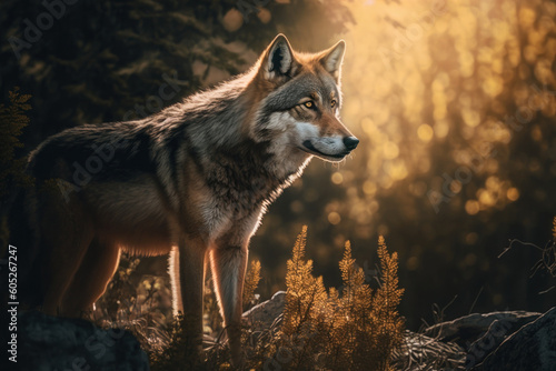 Close wild Wolf in nature habitat. Generative AI © Uliana