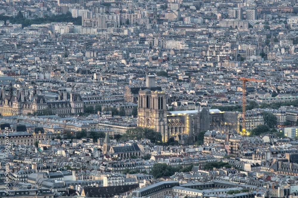 Scenic view of the city skyline of Paris, France with various landmarks visible