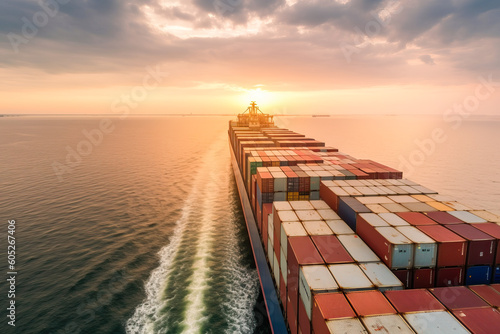 Container ship that transports containers in import and export. Global business freight forwarding, commercial trade, logistics and overseas shipping around the world by container ship. Generative AI
