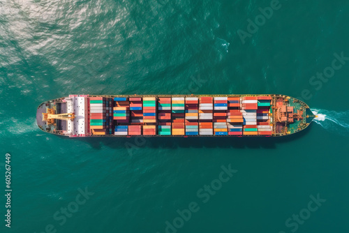 Container ship that transports containers in import and export. Global business freight forwarding, commercial trade, logistics and overseas shipping around the world by container ship. Generative AI