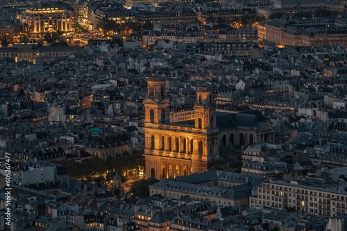 Scenic view of the city skyline at night with the Notre Dame illuminated in Paris, France