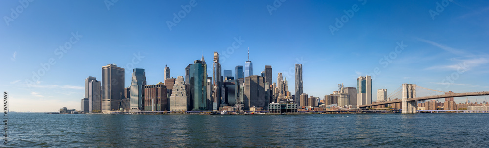 panorama Manhattan and Brooklyn bridge with blue sky in New York City