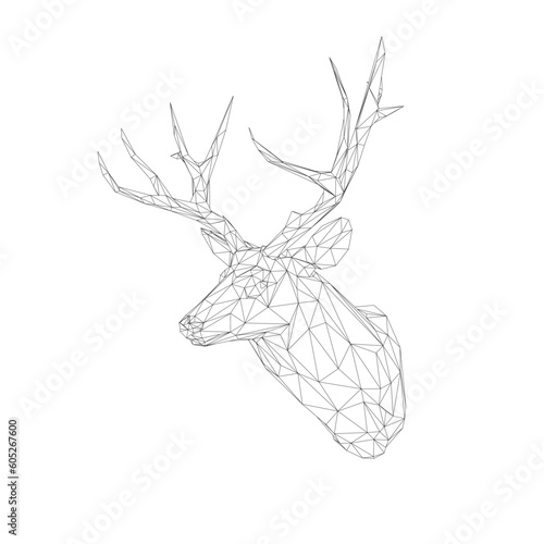 Head Deer with Horn. Low poly model design. Vector illustration. Low poly art of a deer in black color wireframe. Vector animal triangle geometric illustration. Abstract polygonal art. With white colo