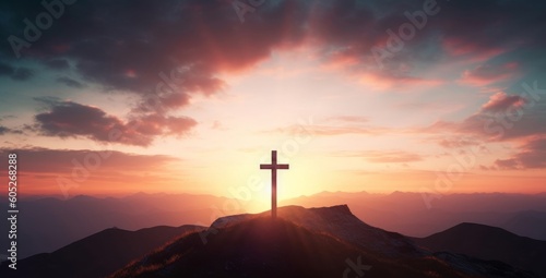 Easter concept: The cross on mountain sunset background, Generative AI