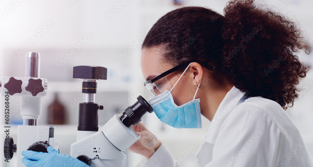 Research, covid and microscope with woman in laboratory for expert, medical and planning. Science, vaccine analysis and medicine with female scientist for chemistry, healthcare and pharmacy Research, covid and microscope with woman in laboratory for expert, medical and planning. Science, vaccine analysis and medicine with female scientist for chemistry, healthcare and pharmacy