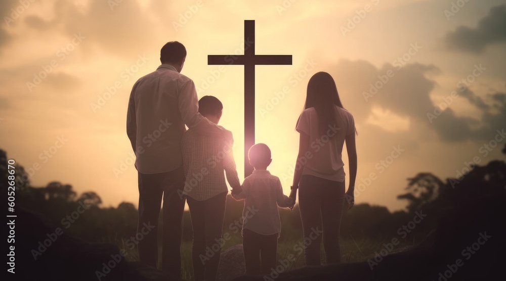 Family concept: Parents and children pray together on the cross