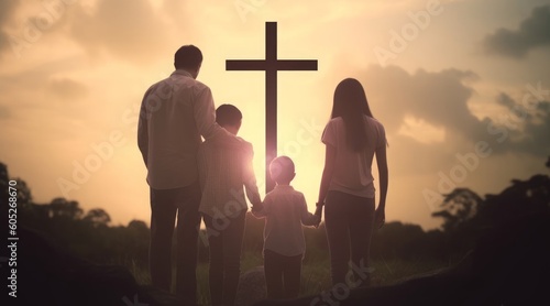 Family concept: Parents and children pray together on the cross background, Generative AI