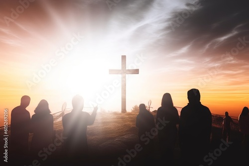 Worship concept: Silhouette people looking for the cross on sunrise background, Generative AI