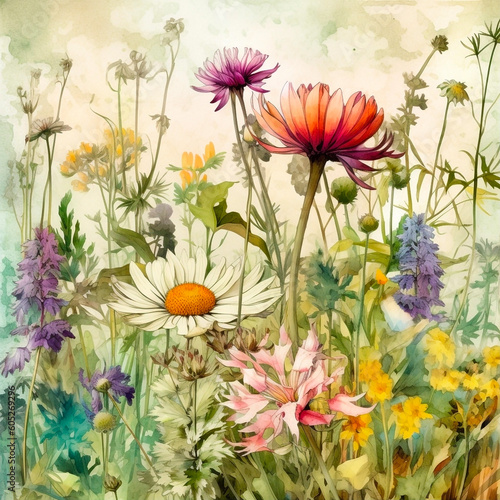 Bloomy flowering meadow field. Multicolor wild flowers. Watercolor summer floral green field. Floral background. Herbs and wild flowers © ArtPavo