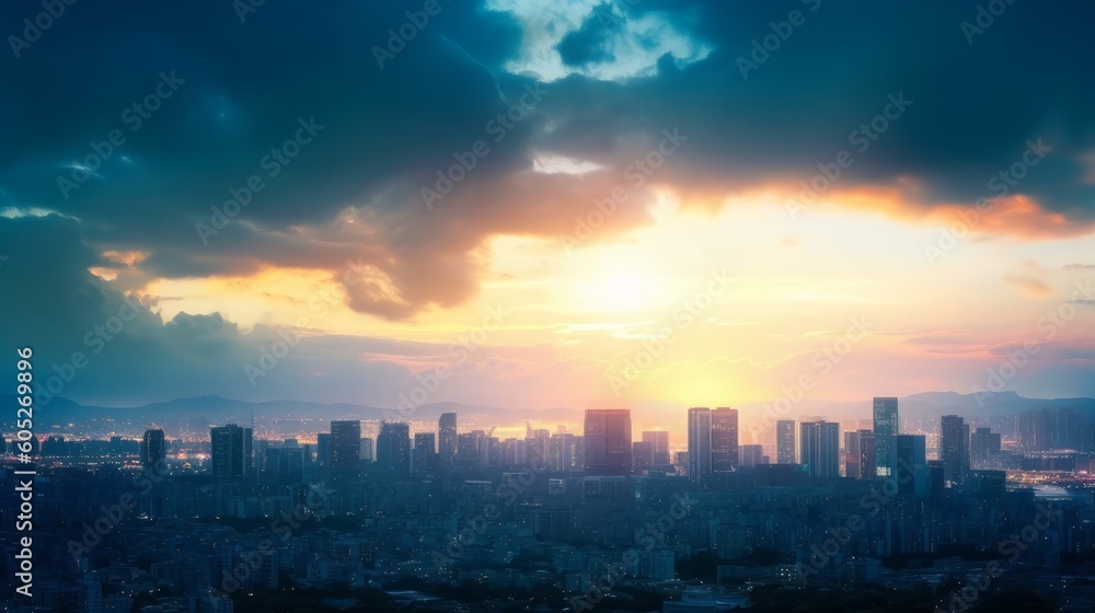 World Cities Day concept: Abstract  view city on twilight color sky and clouds cityscape background, Generative AI