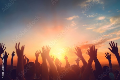 Fototapet Worship and praise concept: christian people hand rising on sunset background, G
