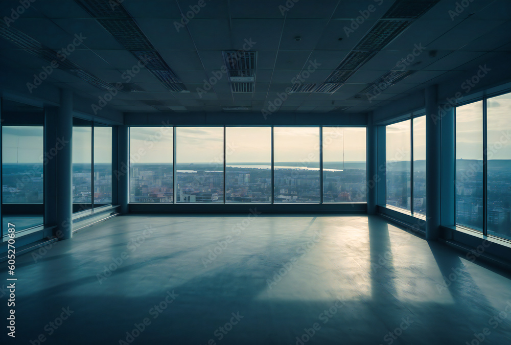 empty office with a large glass window