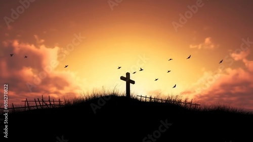 Religious concept: Silhouette cross and birds flying on  sunrise background, Generative AI © Pooja