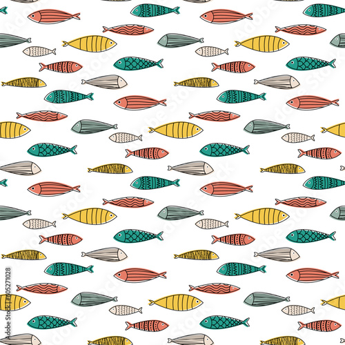doodle seamless pattern with colorful fishes 