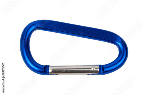 Metal aluminum snap hook isolated background Safety lock carabiner for rope climbing