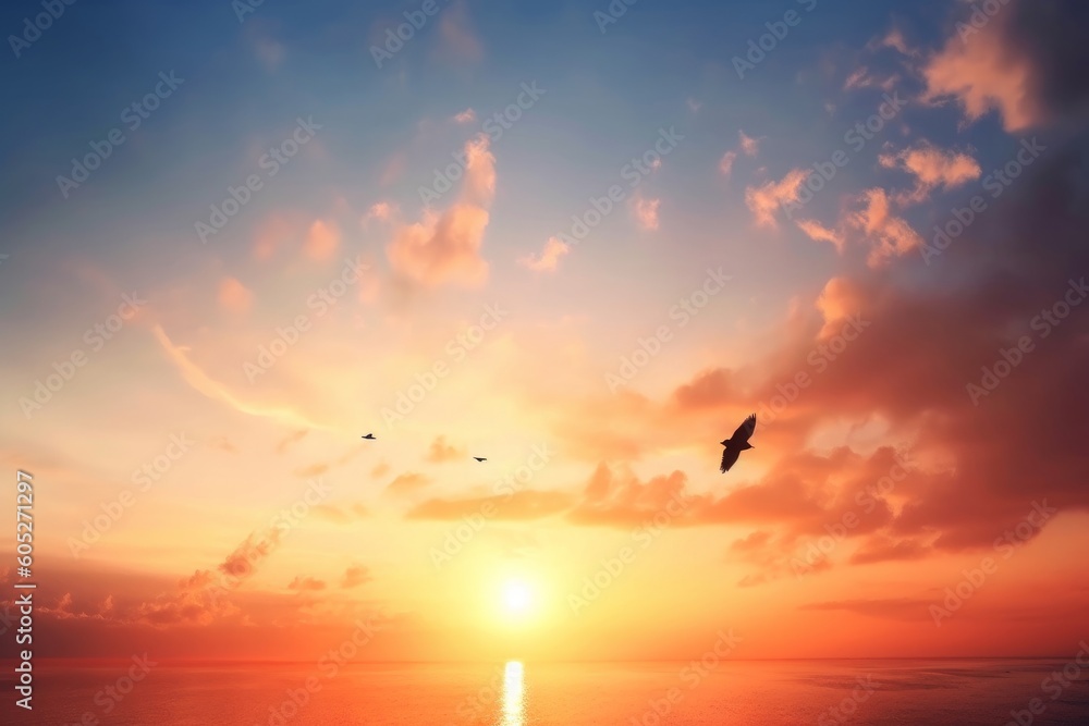 Flying bird at sunset sky background, Generative AI