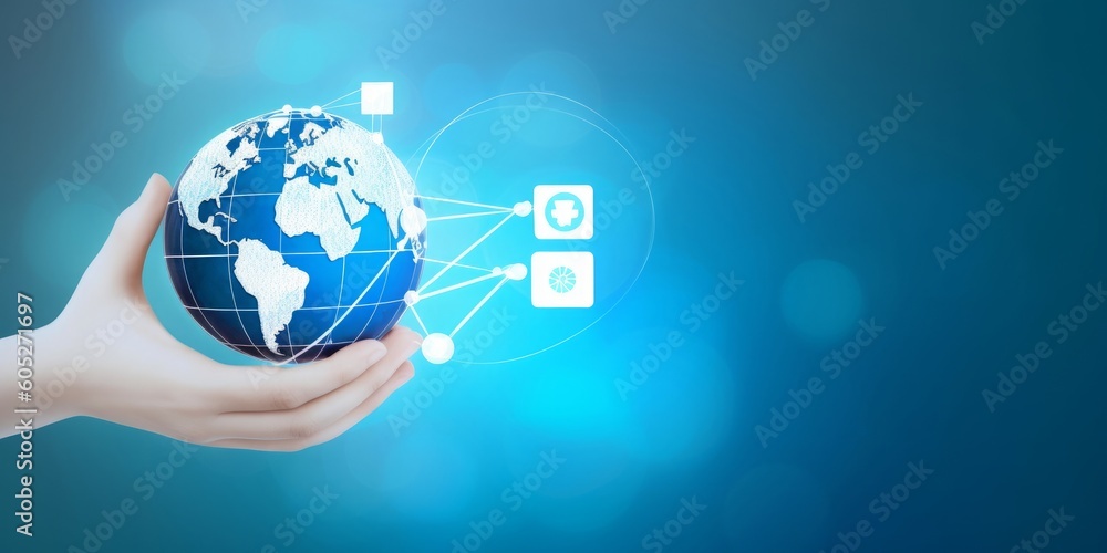 Earth Day concept, Earth wearing a mask abd virtual plus medical network connection icons on blurred blue nature background. Generative AI Earth Day concept, Earth wearing a mask abd virtual plus medical network connection icons on blurred blue nature background. Generative AI