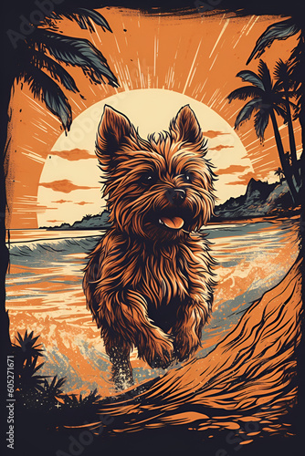 Yorkshire terrier relaxing at the tropical beach during sunset